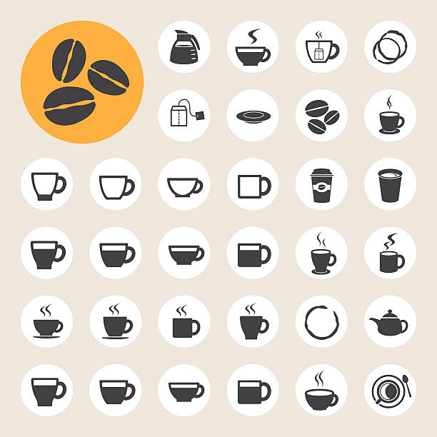 ilustraciones, imágenes clip art, dibujos animados e iconos de stock de taza de café y té, icono de conjunto. - coffee circle coffee bean label