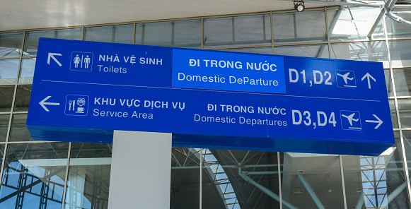 Dalat, Vietnam - Jan 25, 2016. Direction boards at Departure Hall of Lien Khuong Airport (DLI) in Dalat, Vietnam.