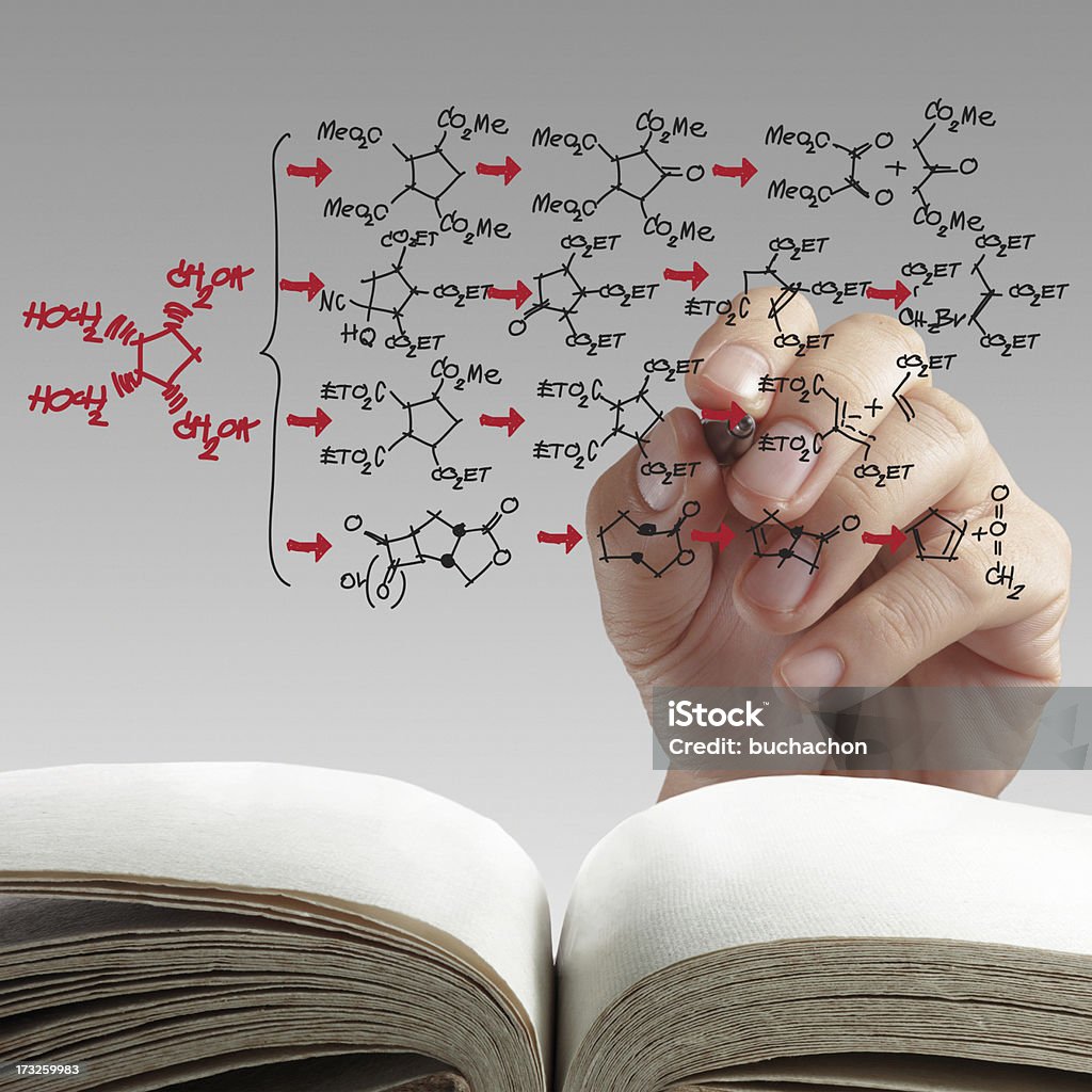 hand drawing molecule structure hand drawing molecule structure on white background Atom Stock Photo