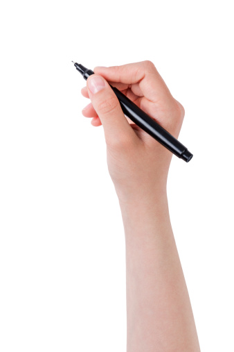 female teen hand writing something with pen or marker, isolated