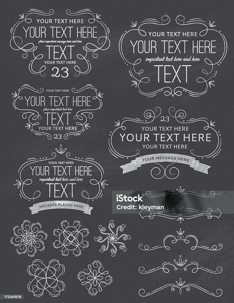 Vintage ChalkBoard Frames and Elements A collection of Calligraphic elements in chalk board style. EPS 10. Transparencies. Two Layers. Fonts: Cantarell, Ostrich Sans medium, Great Vibes, Sofia Calligraphy stock vector