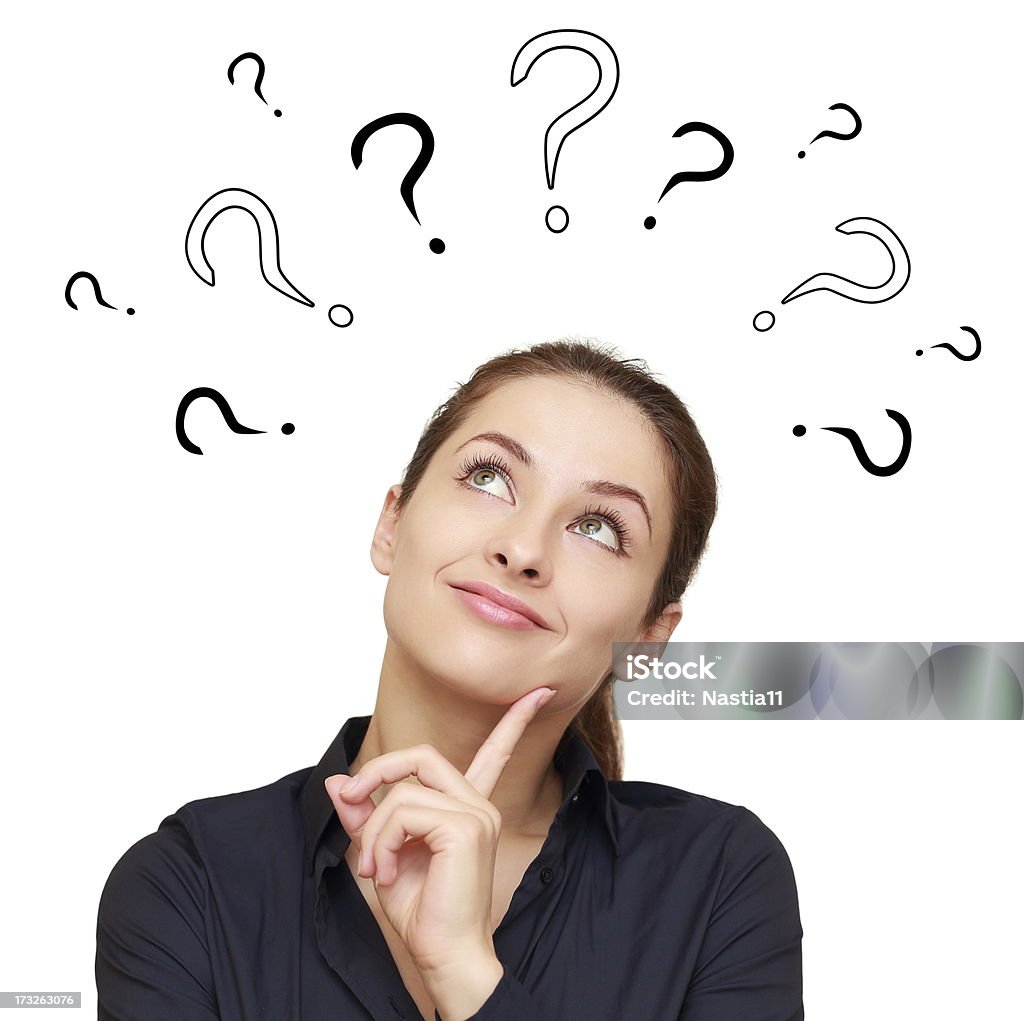 Thinking smiling woman with questions mark above Thinking smiling woman with questions mark above head looking up isolated on white background Question Mark Stock Photo