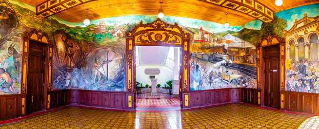 El oro de hidalgo, State of mexico Mexico, September 13 2023 mining genesis mural painted by Manuel D´Rugama, at the entrance of the municipal palace of el oro de hidalgo state of mexico