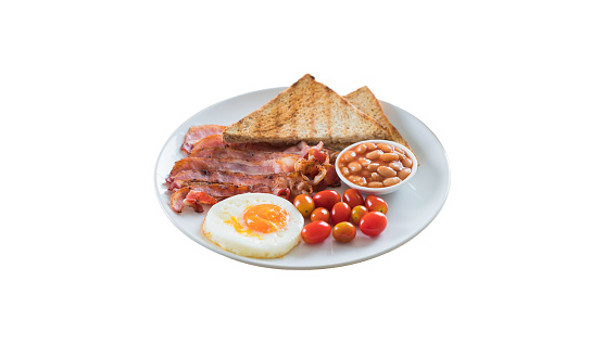 Breakfast food, ham, fried eggs, bread, bean soup, food isolated on white background