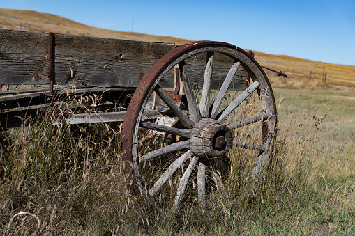 Very old weathered and worn out wagon once used in farming and ranching in rugged Montana in western USA of North America. The nearest cities are Great Falls, Helena, Bozeman, and Billings Montana.