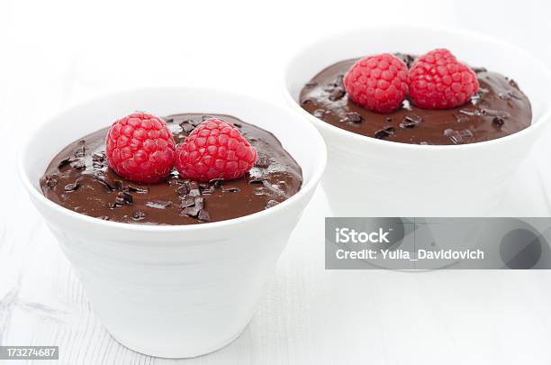 Two Bowls Of Chocolate Mousse And Raspberry On The White Stock Photo - Download Image Now