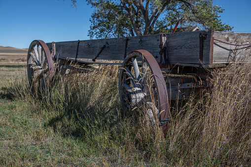replica of pioneer covered wagon on prairie in Scotts Bluff National Monument, Nebraska