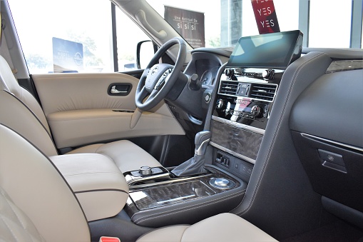 Houston, TX USA - July 10, 2023: A portrait of the front interior design of a Nissan Armada SUV at Houston Central Nissan Dealership