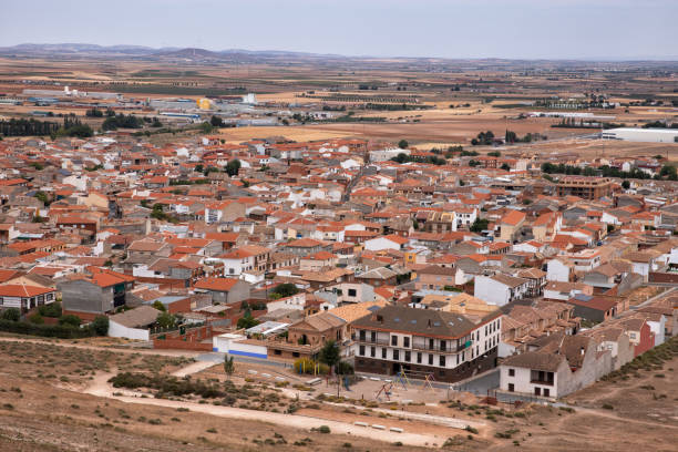 Aerial view over a small town village Consuegra, Spain