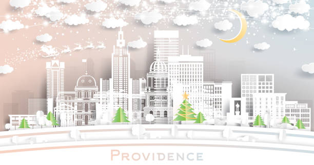 Providence Rhode Island USA. Winter City Skyline in Paper Cut Style with Snowflakes, Moon and Neon Garland. Christmas, New Year Concept. Santa Claus. Providence Cityscape with Landmarks. Providence Rhode Island USA. Winter City Skyline in Paper Cut Style with Snowflakes, Moon and Neon Garland. Christmas, New Year Concept. Santa Claus on Sleigh. Providence Cityscape with Landmarks. providence house stock illustrations