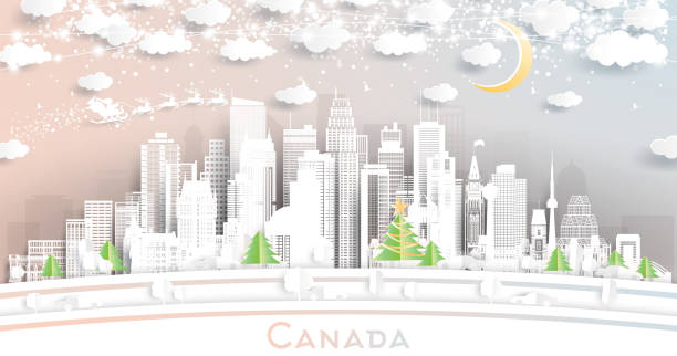 illustrazioni stock, clip art, cartoni animati e icone di tendenza di canada. skyline della città invernale in stile cartato con fiocchi di neve, luna e ghirlanda al neon. concetto di natale e capodanno. babbo natale sulla slitta. paesaggio urbano del canada con punti di riferimento. ottawa. - canada main street manitoba winnipeg