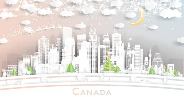 Vector illustration of Canada. Winter City Skyline in Paper Cut Style with Snowflakes, Moon and Neon Garland. Christmas and New Year Concept. Santa Claus on Sleigh. Canada Cityscape with Landmarks. Ottawa.