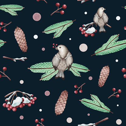 Seamless pattern with winter forest, birds, fir branches, rowan and pine cones, hand drawn in watercolor.