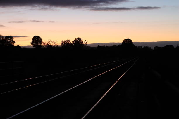 Train lines in the countryside shining at sunset
