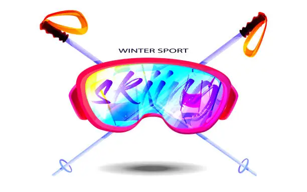 Vector illustration of Skiing and vacation concept in cartoon style. Protective sports glasses with reflection of a mountain slope with ski poles on a white background. Close-up.