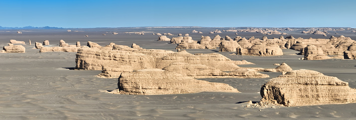 Aerial view of desert and rock formations in Gansu, China