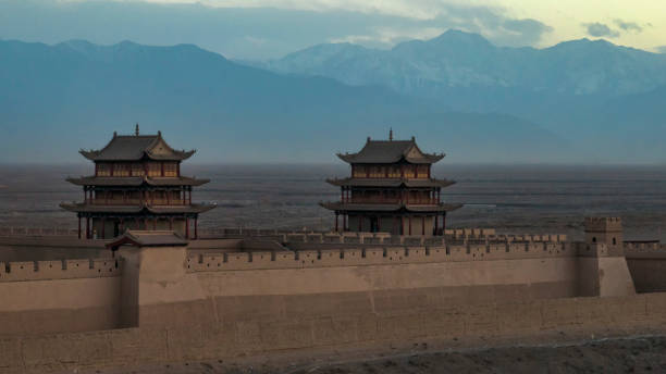 Aerial view of Jiayuguan Guancheng in Gansu, ancient pass along Silk Road, China stock photo