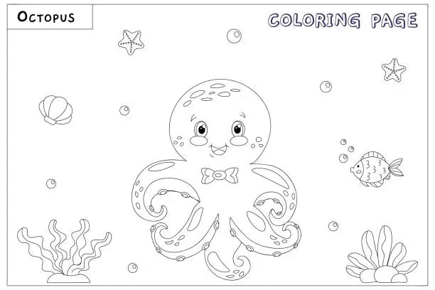 Vector illustration of Cute vector octopus, with drawn elements in black and white