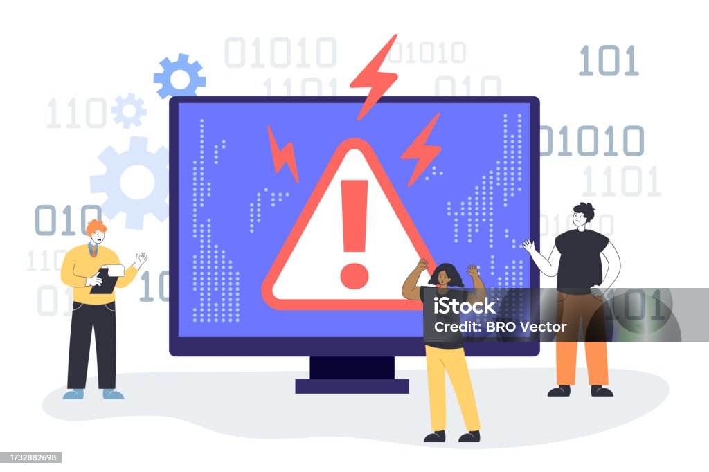 Tiny Programmers Next To Screen With Error Vector Illustration Stock ...