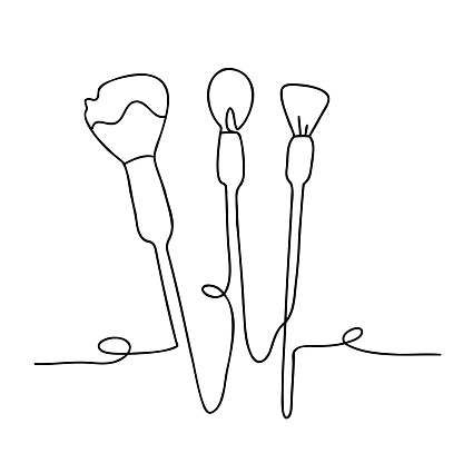 Vector-based continuous line art design of a makeup brush icon, created with a single unbroken line. This elegant and minimalist illustration is perfect for beauty, cosmetics, makeup, and personal care concepts. Use it in your design projects to add a touch of sophistication and style