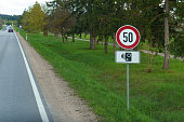 Road sign maximum speed limit 50, fixing speed by camera