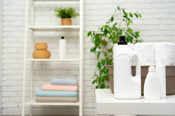 istock Liquid detergents containers on shelf in a bathroom 1732894180