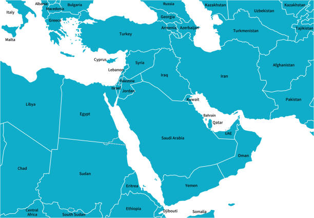 karte der region naher osten, mit ländernamen in englischer sprache - arabian peninsula stock-grafiken, -clipart, -cartoons und -symbole