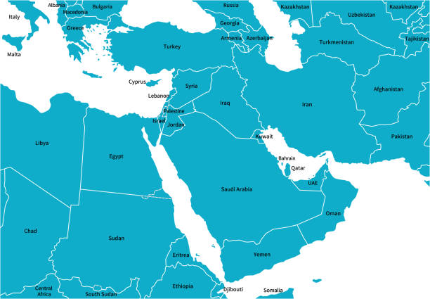 карта ближневосточного региона, с названиями стран на английском языке - arabian peninsula stock illustrations