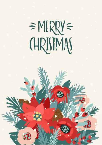 Vector illustration of Christmas and Happy New Year card with bouquet. Trendy retro style. Vector design