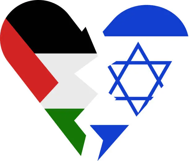 Vector illustration of vector illustration israel and palestine flags in broken heart. Stop war concept, Palestine and Israel war