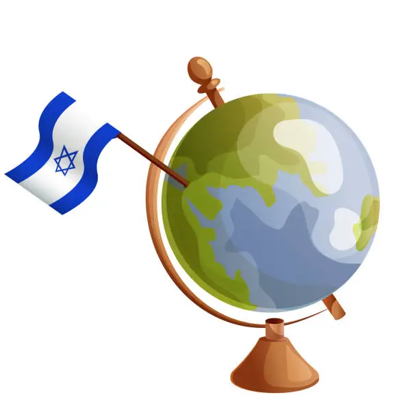 Vector illustration of Israel flag pole on globe. Flag waving around the world. Easy editing and vector in groups. National flag vector illustration on white background.