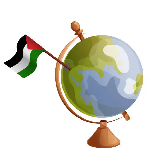 Vector illustration of Palestine flag pole on globe. Flag waving around the world. National flag vector illustration on white background.