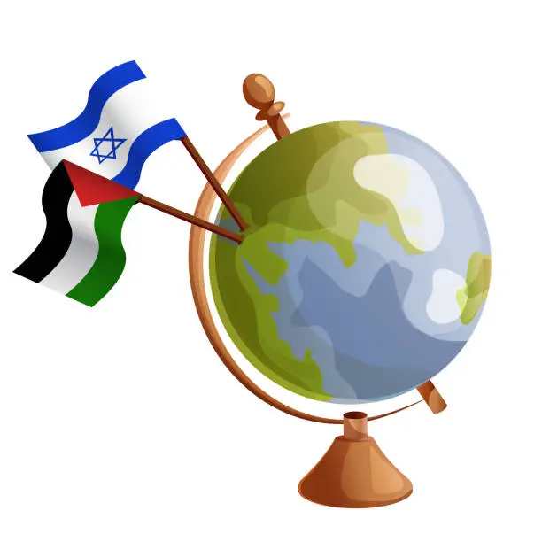 Vector illustration of unity concept. israel and palestine flags pole on globe. Stop war concept. Palestine and Israel war. vector illustration isolated on white background