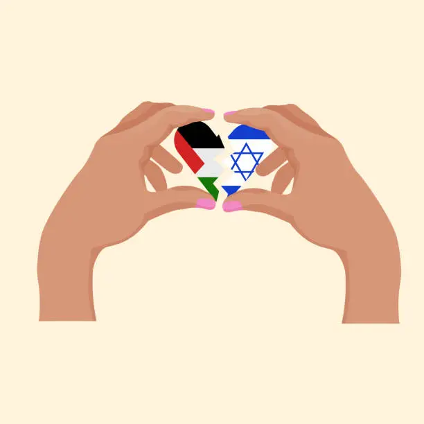 Vector illustration of unity concept. heart shape icon with israel and palestine flags in hands. vector illustration.