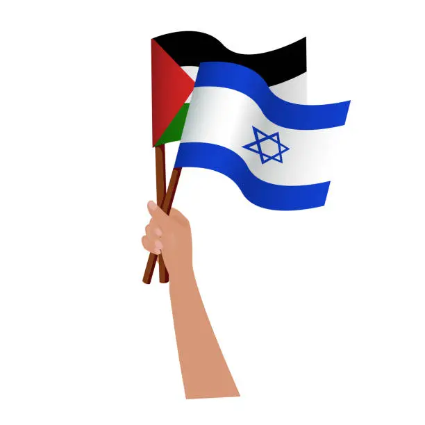 Vector illustration of Palestine Israel relation concept. Two hands holding a flags Palestine and Israel in flat style isolated on white background