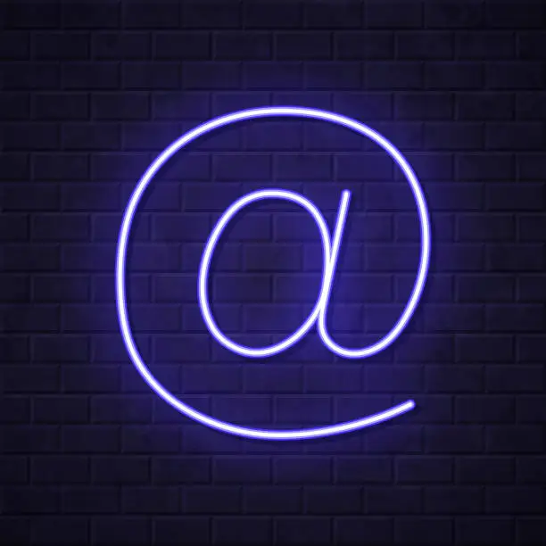 Vector illustration of At. Glowing neon icon on brick wall background