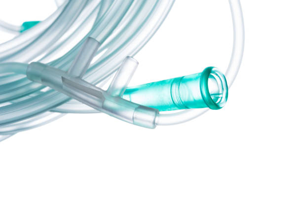 Oxygen tubing hose with onnector and silicone fitting, component for controlled delivery of medical-grade oxygen, closeup Oxygen tubing hose with onnector and silicone fitting, component for controlled delivery of medical-grade oxygen, closeup isolated on white background tubing stock pictures, royalty-free photos & images