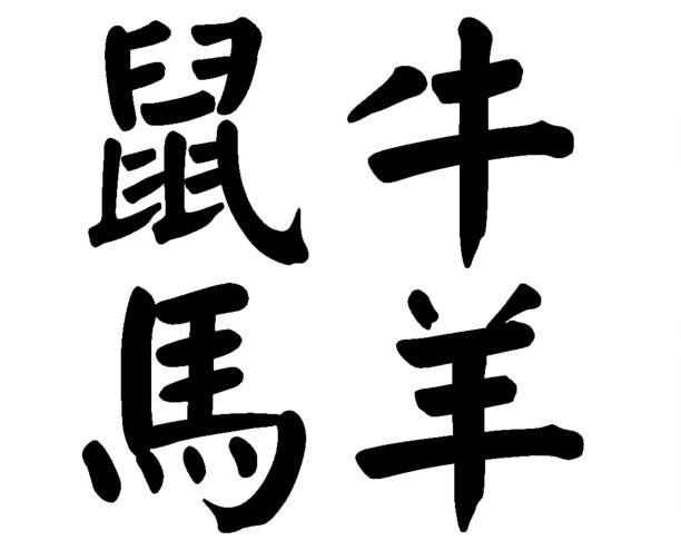 китайская каллиграфия. китайский зодиак - крыса, бык, тигр, кролик, дракон, змея, лошадь, овца, обезьяна, петух, собака, свинья - kanji chinese zodiac sign astrology sign snake stock illustrations