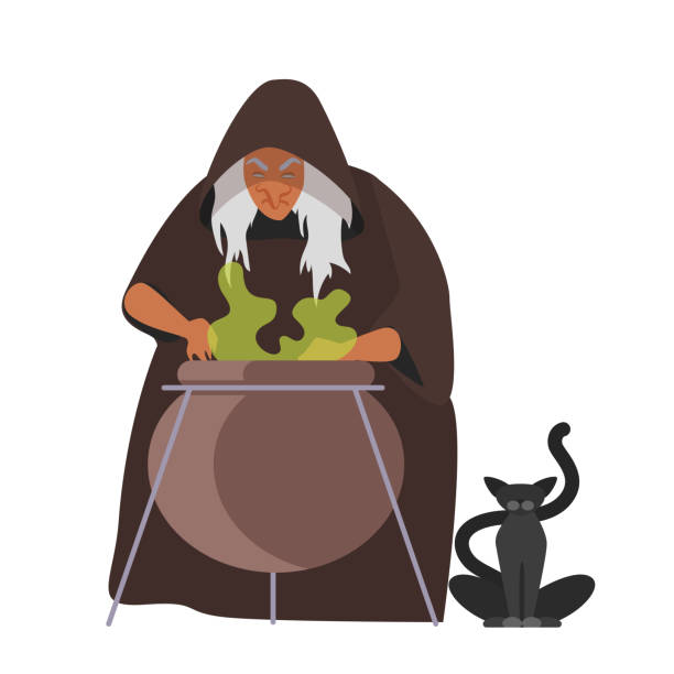illustrations, cliparts, dessins animés et icônes de sorcière médiévale avec chaudron de potion - wizard horror spooky knight