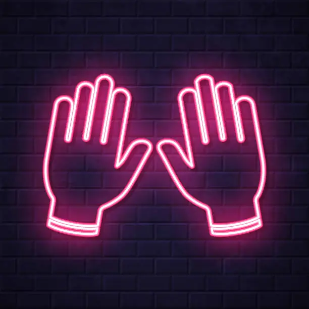 Vector illustration of Protective rubber gloves. Glowing neon icon on brick wall background