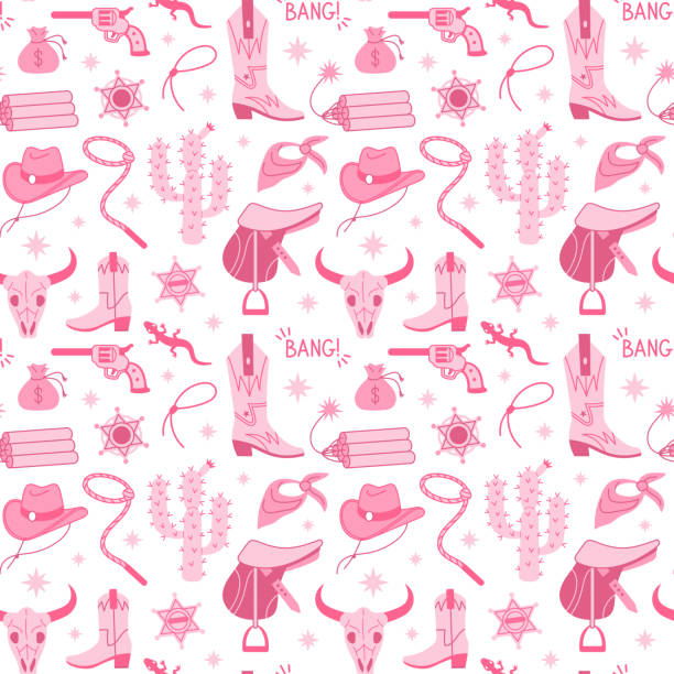 Cowboy Pink core fashion seamless pattern. Cowboy western and wild west theme texture. Hand drawn vector illustration. Cowboy Pink core fashion seamless pattern. Cowgirl boots, hat, cactus and lettering. Cowboy western and wild west theme texture. Hand drawn vector illustration. Doodle icons fabric. theme wild wild west stock illustrations