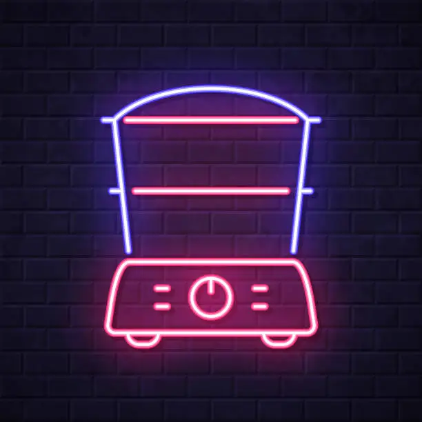 Vector illustration of Food steamer. Glowing neon icon on brick wall background