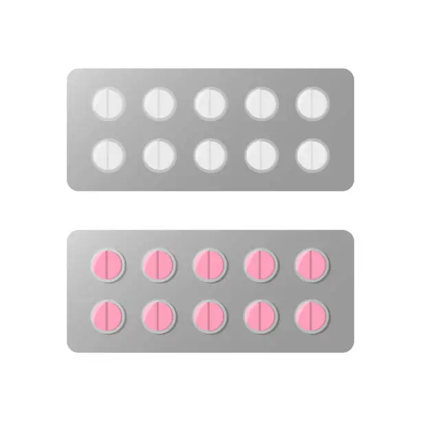 Vector illustration of Pill blister packs, medical package with small round tablets.