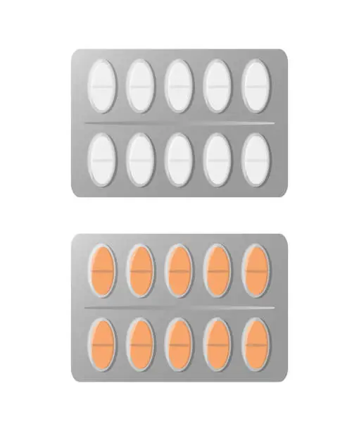 Vector illustration of Pill blister packs, medical package with oval tablets.