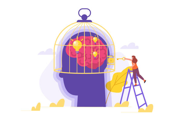 istock Limitation of thinking, brain in prison, mind closed to new ideas concept. Flat Vector illustrations for banner, website, landing page, flyer. 1732963019