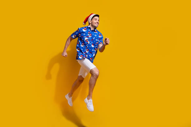 istock Full length profile portrait of active cheerful person jump rush empty space isolated on yellow color background 1732963473
