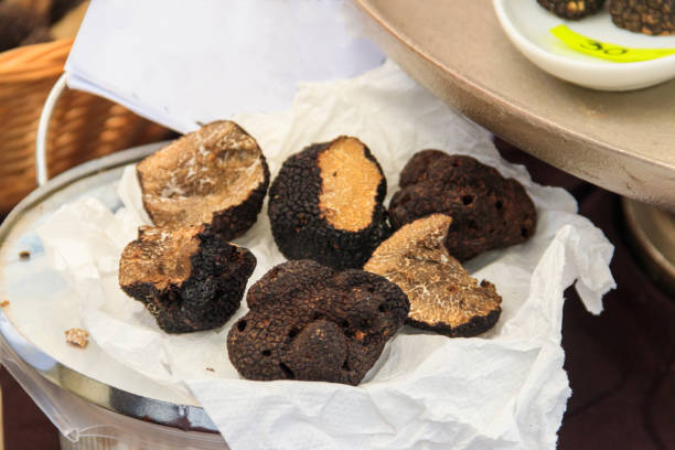 istock Expensive black truffles gourmet mushrooms on the plate on a table 1732966973
