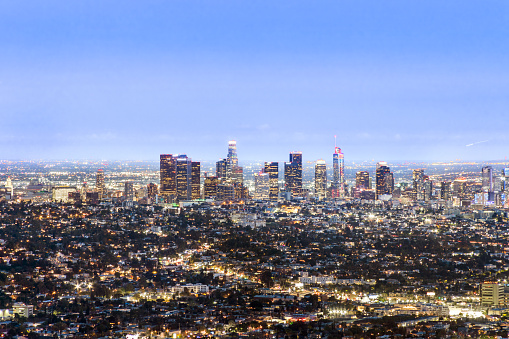 Downtown Los Angeles closeup at twilight with  golden lights
