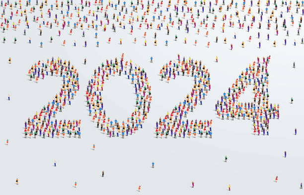 istock Year 2024 or twenty twenty four. Large group of people form to create 2024. people font or number. vector illustration. 1732969731