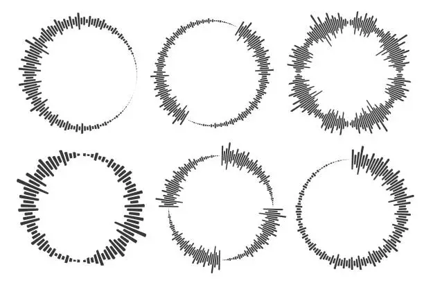 Vector illustration of Circle sound wave. Audio music equalizer. Round circular icons set. Spectrum radial pattern and frequency frame. Vector design